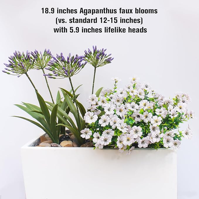 Outdoor Flowers Artificial for Porch 18.9 in Fake Agapanthus Plants 8 Bundles Plastic White Flower Large Faux Greenery for Outside Planter Yard Patio Decor