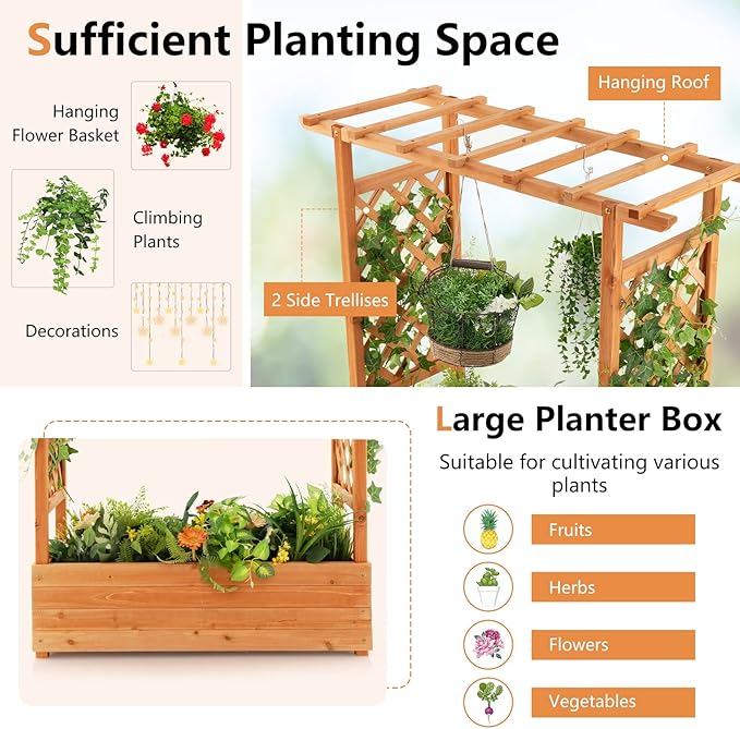 S AFSTAR Raised Garden Bed with Arch Trellis, Wood Planter Box with Hanging Roof, Side Trellis, 4 Drainage Holes, Above Ground Elevated Garden Bed for Outdoor Climbing Plants Vines Patio
