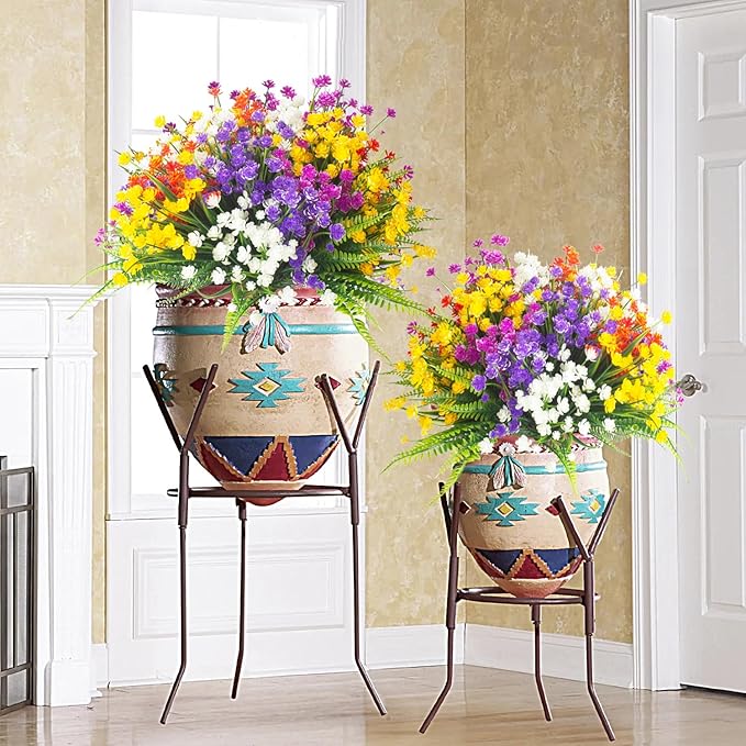 24 Bundles Artificial Flowers for Outdoor Decoration UV Resistant Fake Plastic Plants Faux Boston Fern Artificial Greenery for Summer Indoor Outdoor Garden Patio Window Box Kitchen Home Decor