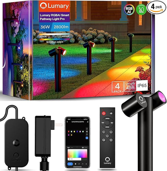 Lumary Smart Pathway Lights Pro 700LM, RGBAICW Color Changing Landscape Lights with 8 Adjustable 355° Spot Lights IP65 Waterproof, 48FT Wired Outdoor Landscape Lighting, WiFi APP/Voice/Remote (4 Pack)