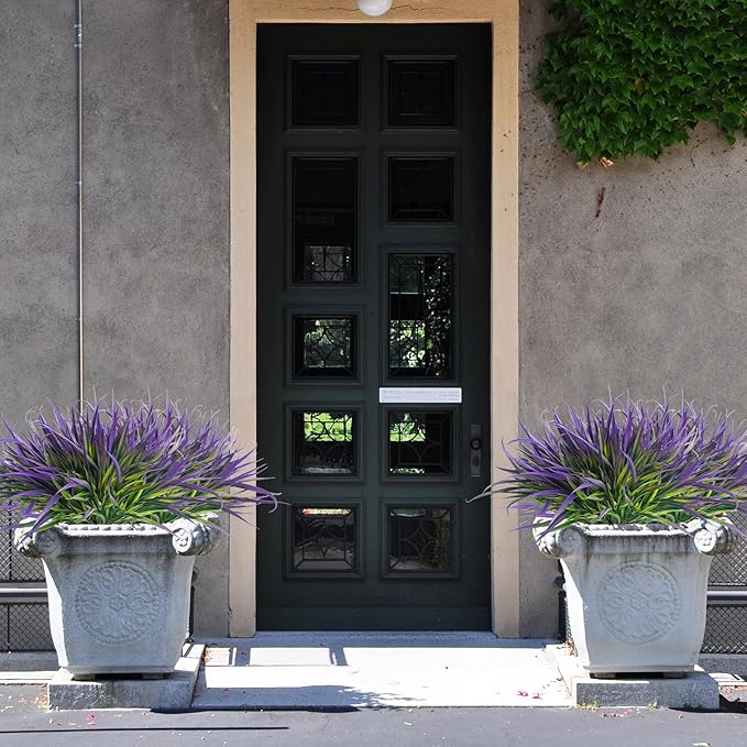Uieke 28 Bundles Artificial Outdoor Plants UV Resistant Fake Grass Plants Faux Plastic Plants Greenery Shrubs for Home Garden Pathway Window Box Front Porch Cemetery Spring Summer Decor, Purple