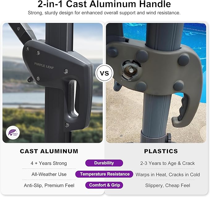 PURPLE LEAF 9' X 11.5' Rectangle Patio Umbrella with Base Outdoor Large Aluminum Cantilever Umbrella with 3 Years Fade Resistance Recycled Fabric and 360-degree Rotation for Garden Deck Pool, Mist Grey