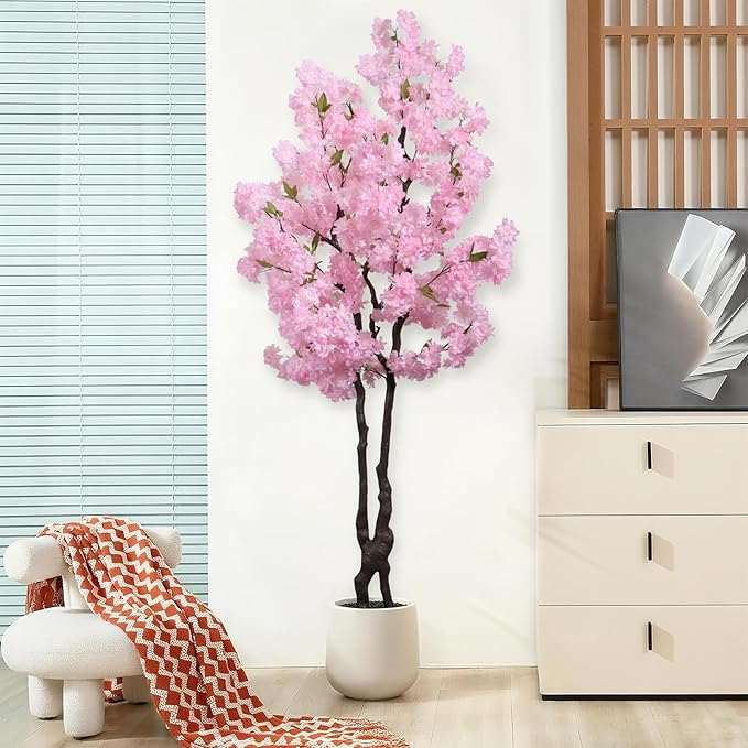 Artificial Pink Cherry Blossom Tree 6ft(72in) Tall Faux Plant Indoor Decor Handmade Japanese Sakura Tree for Wedding Realistic Cherry Plant in Pot for Home Living Room,Office,Outdoor Decor.