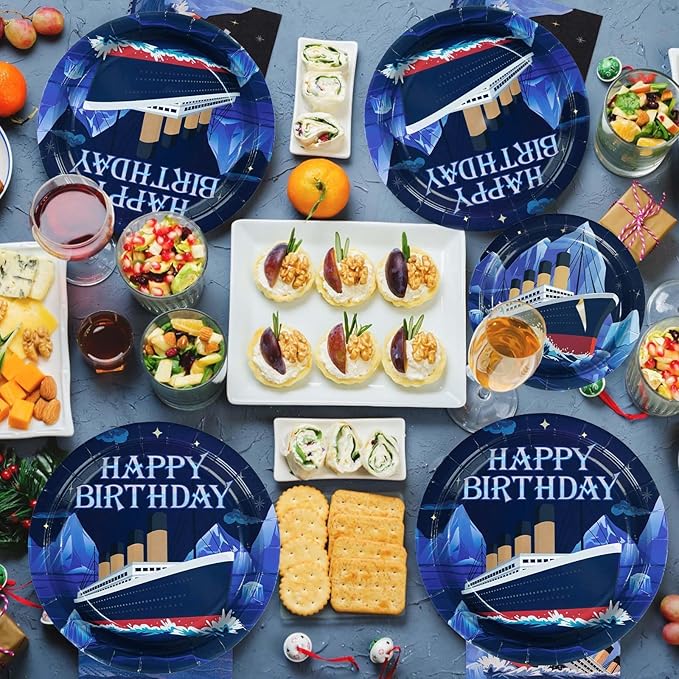 96Pcs Nautical Themed Party Supplies Ocean Navy Paper Plate and Napkins Tableware Sets Cruise Ship Classic Movie Decorations for Boys Men Baby Shower Anchor Beach Birthday Party, Serve 24