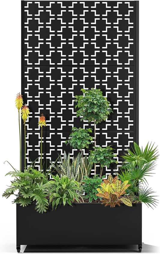 15.7"×70.9"×35.4" Metal Raised Garden Bed with Trellis and Wheels - Tall Trellis Planter Box for Climbing Plants, Vegetables & Vines - Outdoor Privacy Planters for Patio (Black-Square)