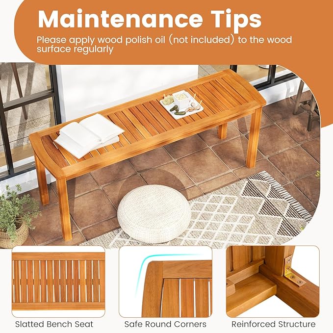 Tangkula 3 Piece Acacia Wood Patio Dining Table Set, 63" Large Patio Table & 2 Backless Benches w/Umbrella Hole, Farmhouse Indoor Outdoor Diner Furniture for Garden Poolside Deck Kitchen