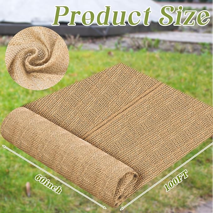 Buryeah 60 Inch x 100 ft Burlap Fabrics Roll Natural Jute Burlap Tree Wraps Protector Winter Frost Plant Blankets Cloth Weed Barrier Fabric Garden Plants for Winter Outdoor Trees Shrubs Party