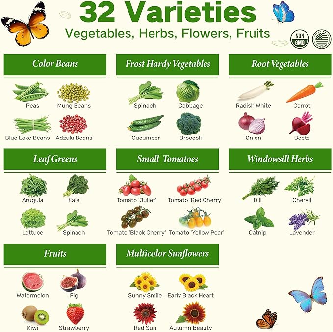 Lush&Dew Year-Round USDA Zone 3 Seed Bank, 32 Varieties Non-GMO Heirloom Seeds of Vegetables, Herbs, Gardening Gifts for Women Men, Emergency Survival Kit for Raised Garden Bed, Greenhouse