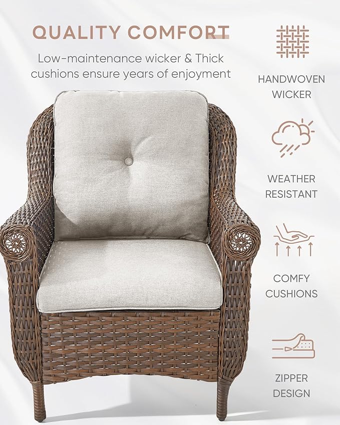 Patio Wicker Chairs Outdoor Furniture Chair - Set of 4 Outside All Weather Lawn Dining Brown Rattan Armchair with High Back&Deep Seating for Deck Porch Balcony Backyard Garden - Beige