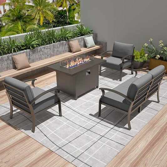 Kurapika Aluminum Patio Furniture Set 4-Seat Modern Metal Outdoor Conversation Sets w/45in Propane Fire Pit Table and Loveseat Sofa, Patio Sectional Sofa w/5.1 Inch Cushion, Grey