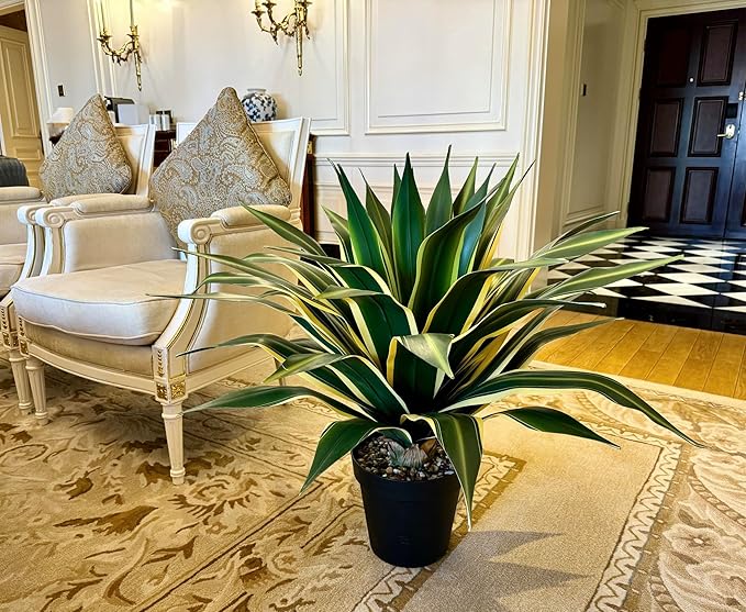 SUNPRAIRIE 34 Inch Tall Large Artificial Agave Plant in Pot with 45 Leaves, Forest Green with Yellow-Edges. Outdoor and Indoor Faux Plants.