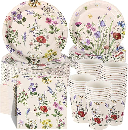250 Pcs Wildflower Party Decorations Include Spring Summer Floral Paper Plates Napkins and Cups for Wildflower Baby Shower Tea Decorations, Serve 50 Guest(Multicolor,Rustic Style)