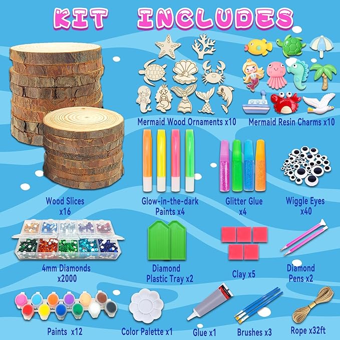 klmars Mermaid Themed Wooden Painting Kit-Glow in The Dark-Arts & Crafts Gifts for Kids Girls Ages 6-12-Wood Slice Craft Activities Kits -Mermaid Art Toys for Kids Christmas Gifts