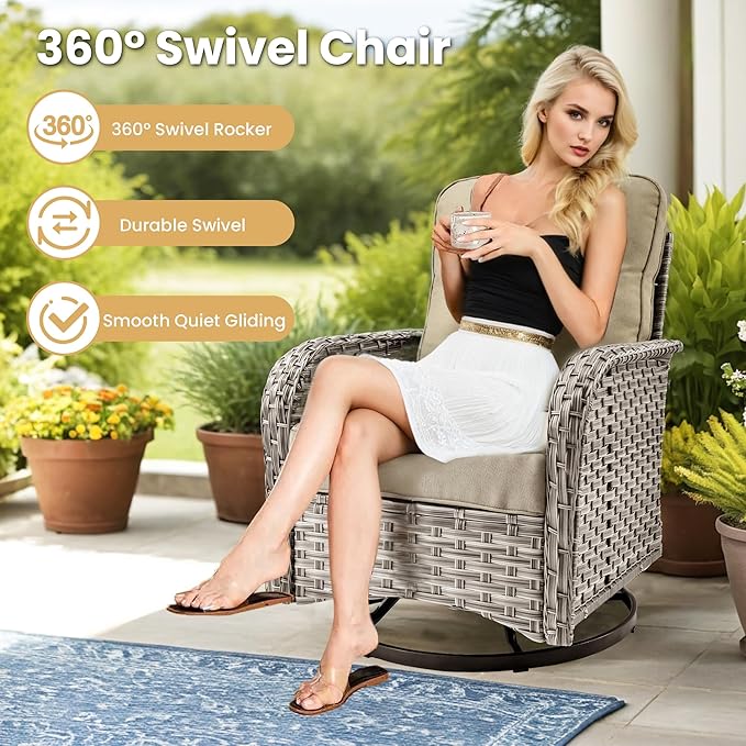 HOOOWOOO Outdoor Sectional Furniture Set,8 Pieces Wicker Patio Conversation Sets,L Shape All Weather Outside Couch Sofa Set with Swivel Chairs Solar Light Table Ottoman,Beige