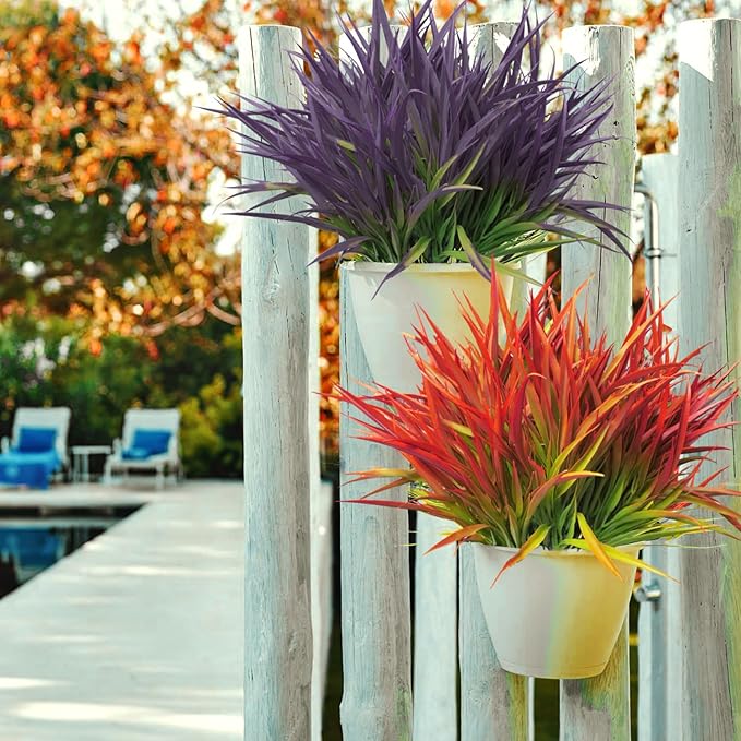 Outdoor Artificial Plants 8Pcs Fake Plants Grass UV Resistant Fake Flowers Bush Greenery,17Inch Tall Faux Grass Shrubs for Home Porch Pathway Garden Décor Outside Indoor (Deep Purple)