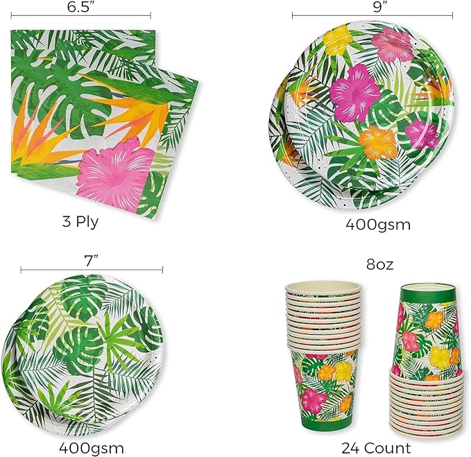 Royal Bluebonnet Luau Plates and Napkins - Set of 24 Tropical Party Supplies, Hawaiian Party Decorations, Disposable Tropical Plates for Hibiscus Luau Birthday, Hawaiian Floral Paper Products