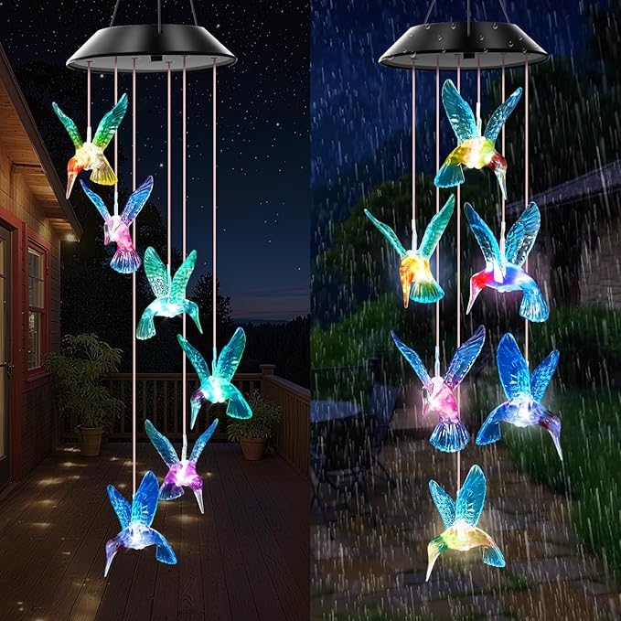 Blue Hummingbird Solar Wind Chimes Color Changing Lights Outdoor, Best Gifts for Mom Grandma Women Wife Aunt Daughter Sister, Unique Mobile Wind Chime, Gardening Yard Decorations