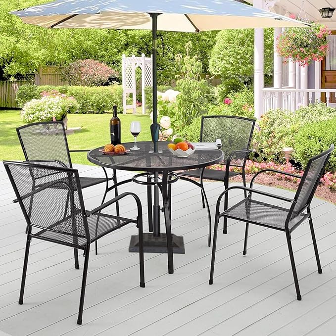 AECOJOY Outdoor Patio Chairs Set of 4, Metal Stackable Lawn Chairs with Armrests & Breathable Metal Mesh, 4 Pack Bistro Chairs for Outdoor Dining Set