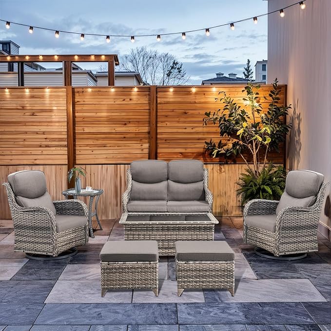 7-Piece Outdoor Wicker Patio Furniture Set with Swivel Glider Chairs,Loveseat, Coffee Table & Ottomans 5” Olefin Cushions Ergonomic Neck-Lumbar Backrest All-Weather Rattan for Garden, Deck, Porch