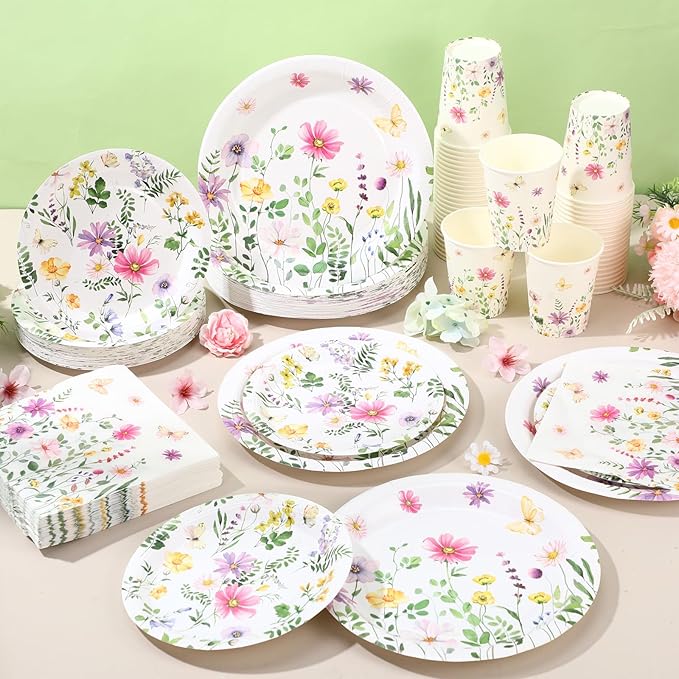 250 Pcs Wildflower Party Decorations Include Spring Summer Floral Paper Plates Napkins and Cups for Wildflower Baby Shower Tea Decorations, Serve 50 Guest(Watercolor,Fresh Style)