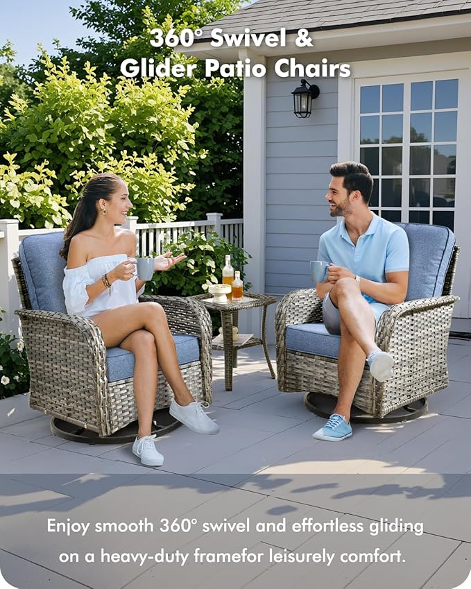 5 Pieces Patio Furniture Set,Outdoor Furniture with Rockers, Rattan Conversation Sets w/Coffee Table, Grey Wicker Blue Cushion