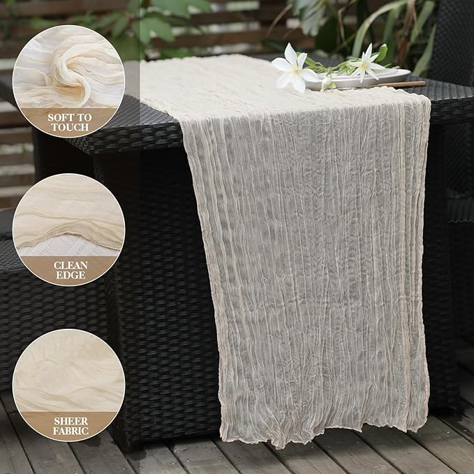 Le courant 10Ft Cheesecloth Table Runner, Rustic Boho Gauze Cheese Cloth Runner Table Runner for Weddings Bridal Baby Shower Birthday Holiday Parties Home Decor, Beige