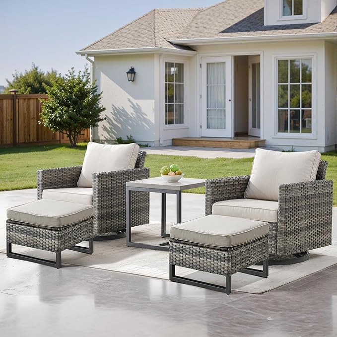 Patio Furniture Set with Swivel Chairs-5 Piece Outdoor Swivel Rocker Patio Chairs with Ottomans Rattan Side Table, Comfy Cushion Outdoor Furniture Set for Porch Deck Garden Backyard(Grey/Beige)