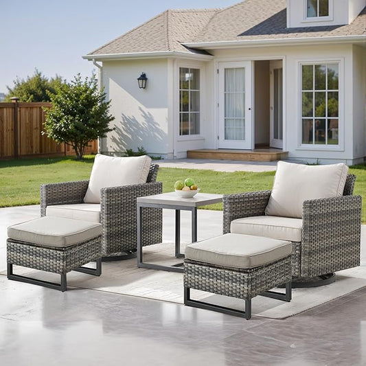 Patio Furniture Set with Swivel Chairs-5 Piece Outdoor Swivel Rocker Patio Chairs with Ottomans Rattan Side Table, Comfy Cushion Outdoor Furniture Set for Porch Deck Garden Backyard(Grey/Beige)