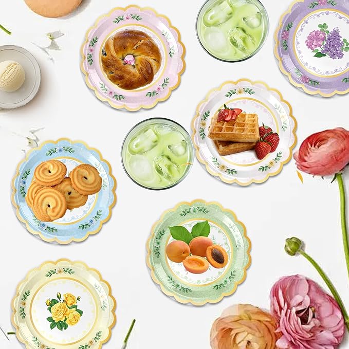 48Pcs Floral Paper Plates, 7 Inch Flower Party Plates Floral Disposable Plates for Tea Party, Birthday Baby Shower Garden Wedding Afternoon Decorations, 6 Styles (48, 7 inch)