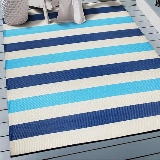 Rugshop Contemporary Stripe Reversible Crease-Free Waterproof Premium Recycled Plastic Outdoor Rugs for Patio,Backyard,RV,Deck,Picnic,Trailer,Beach,Camping,Sunroom Blue 3' x 5'
