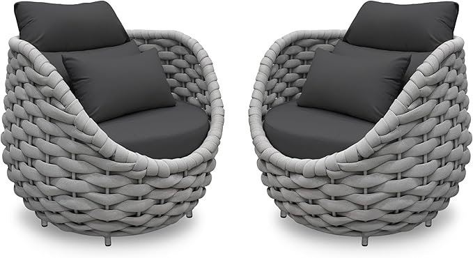 2 PCS Deck Furniture Accent Chair: Aluminum Woven Rope Chair - Outdoor Lounge Armchair Cushioned - Modern Patio Seating Assembled - All Weather for 400lbs Porch Lanai Balcony Yard Garden Hotel