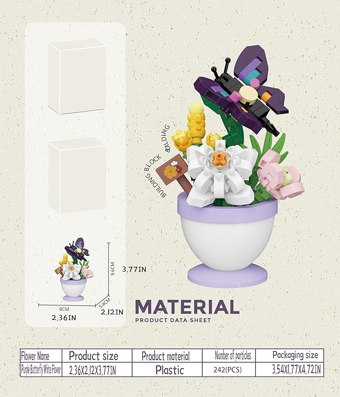 Purple Butterfly White Flower Mini Flower Cute Insects Potted Plant Bonsai Building Toy Blocks Particle Set Small Flowers Botanical
