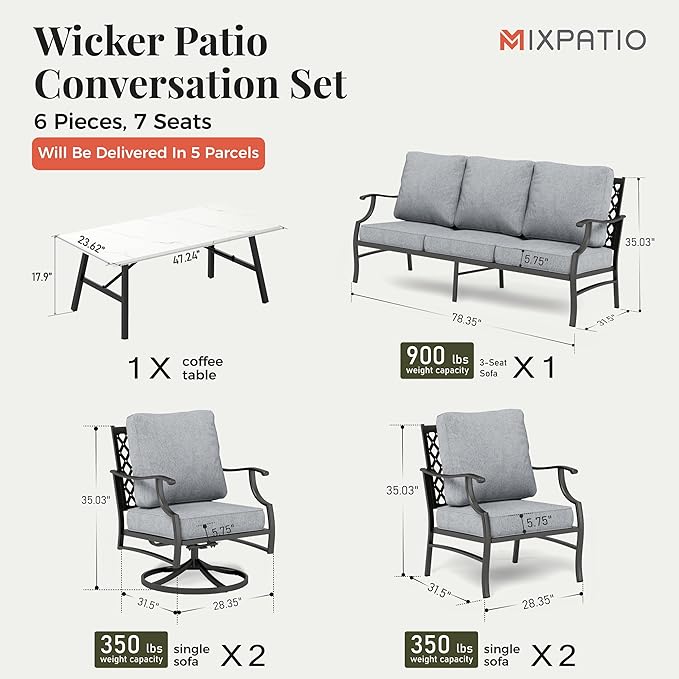 Patio Furniture Set 6 pcs, Outdoor Patio Furniture, 1 X 3-Seat Sofa, 2 X Single Chairs, 2 X Swivel Chairs, 1 X Coffee Table and 5.75" Extra Thick Cushion, Patio Conversation Set,Grey