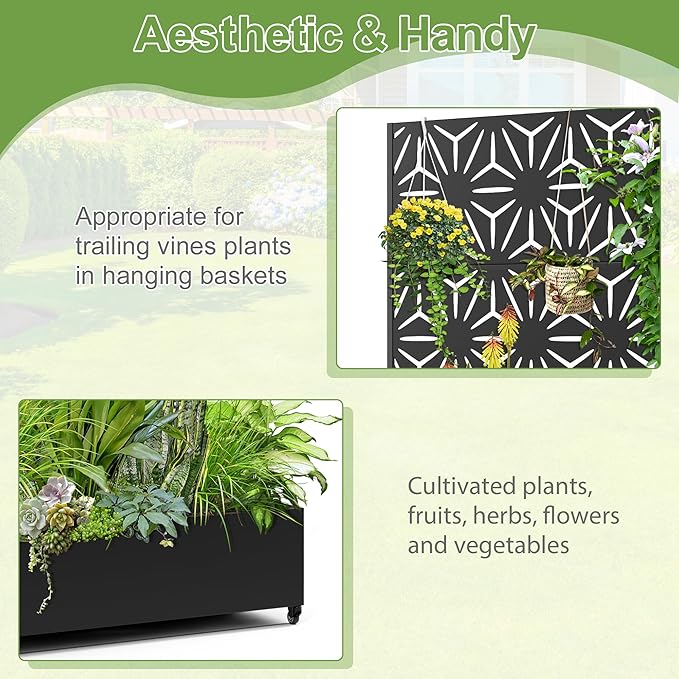 Raised Garden Bed with Trellis and Wheels,73"x47"x16" Metal Raised Garden Bed,Black Star Metal Planter with Climbing Trellis for Vines & Vegetables