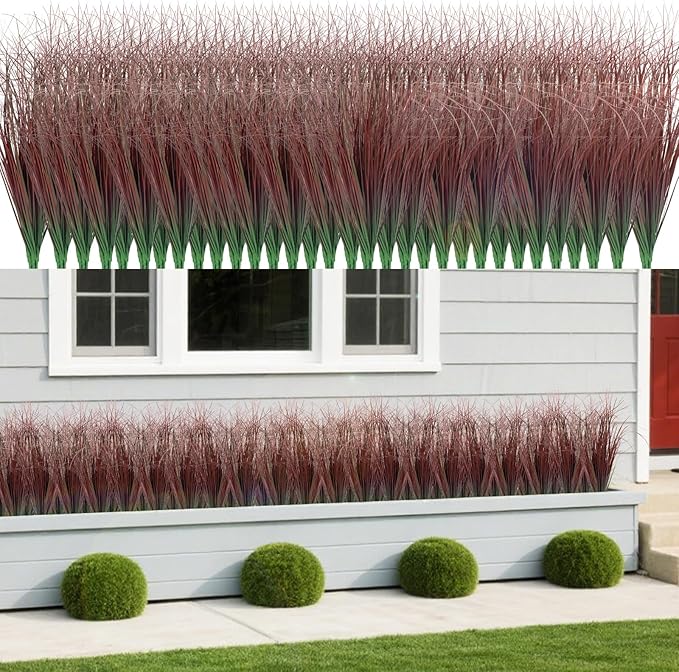 100Pcs Artificial Grass Plants, Faux Shrubs Wheat Grass, Artificial Tall Grasses Fake Plants for Outdoor Decor,Artificial Greenery Stems Weed for Room Indoor Home Decor（Red）