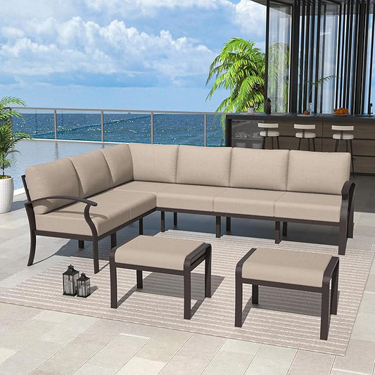 Kurapika Patio Furniture Set 8-Piece Aluminum Sectional Sofa with Armrest, Modern Outdoor Conversation Set, Metal Corner Sofa with Ottoman, Sand