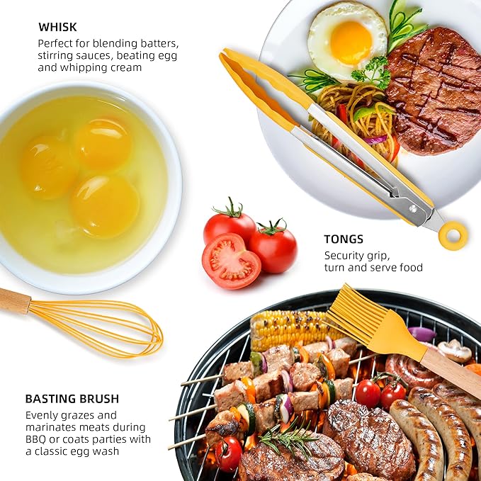 Silicone Cooking Utensils, 12 Pcs Kitchen Utensil Set 446°F Heat Resistant,Turner Tongs Spatula Spoon Brush Whisk with Wooden Handles, Blue Kitchen Gadgets Tools Set for Nonstick Cookware (BPA Free)