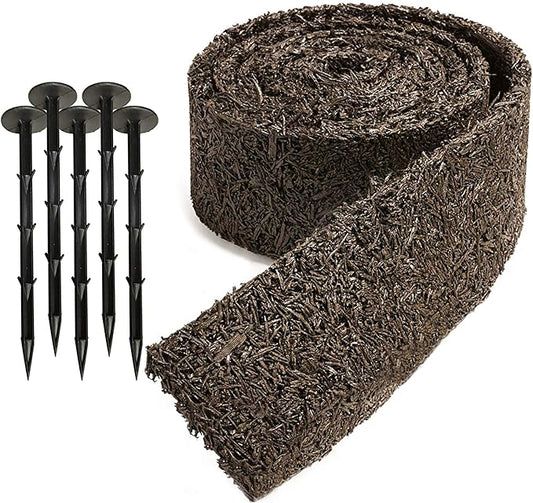 Black Rubber Mulch Border for Landscaping, 10', 120” x 4.5” Roll, Natural-Looking Permanent Garden Barrier for Plants, Vegetables, and Flowers, Recycled and Sustainable, 15 Plastic Anchors Included