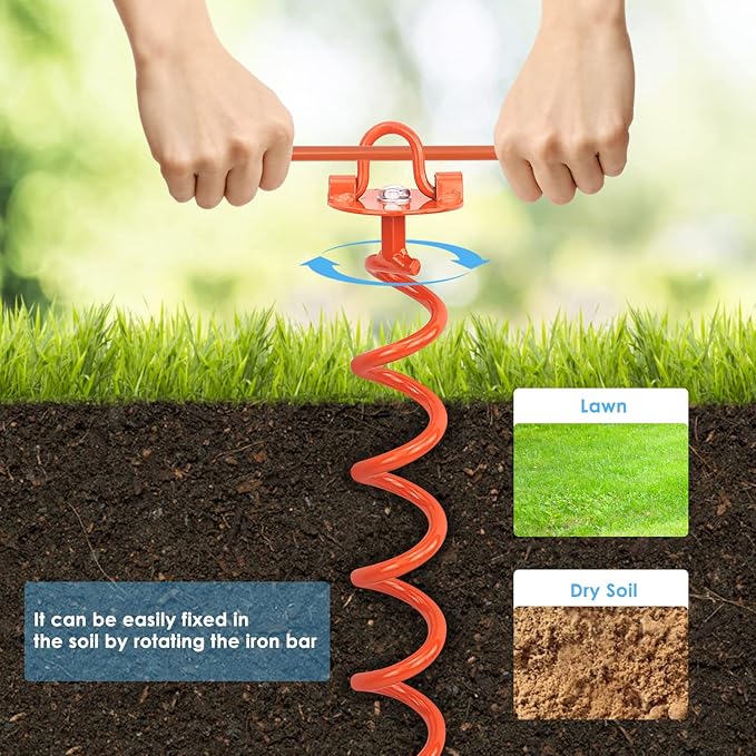 MIXXIDEA 17.5 Inch Gound Anchors Screw in, Metal Spiral Earth Anchors Kit, Heavy Duty Folding Ring Spiral Stake with Straps, Ground Stakes for Tent (Orange, 17.5 Inch with 92in Strap)