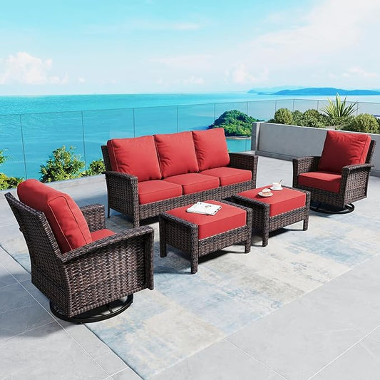 Patio Furniture Set with Swivel Chairs, High Back Wicker Rattan Furniture with 5.5" Thick Cushion and 2 Ottoman, Outdoor Conversation Set for Backyard Deck, Red