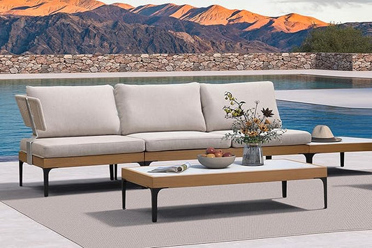 PURPLE LEAF Outdoor 3 Seater Wicker Sofa 82" Patio Couch with Tables Modern Aluminum Sofa Couch for Backyard Porch Apartment Living Room Bedroom, Cushions Included