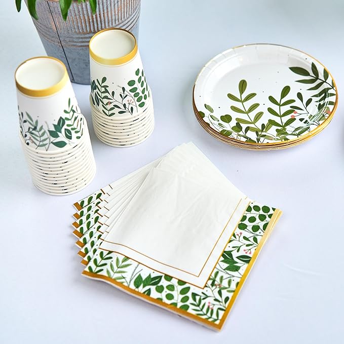 Royal Bluebonnet Greenery Paper Plates and Napkins for Birthday Decorations - Set of 24 Sturdy 400 GSM Sage Green Paper Plates for Mothers Day, Floral Party Supplies for Engagement Party, Baby Shower