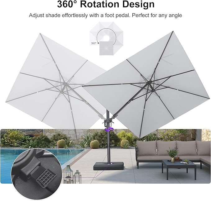 PURPLE LEAF 9' X 12' Swivel Outdoor Patio Aluminum Umbrella with Base Left-right Tilting Cantilever Offset Umbrella with UV Resistant Heavy Duty Fabric for Deck Pool Patio Backyard, Pebble Grey