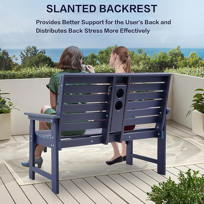 Outdoor Bench Weatherproof - HDPE 2-Person Garden Bench with Cup Holders, Bench Furniture with Backrest and Armrests, 700 lbs Capacity, Patio Park Bench for Front Porch Backyard Park (Blue)