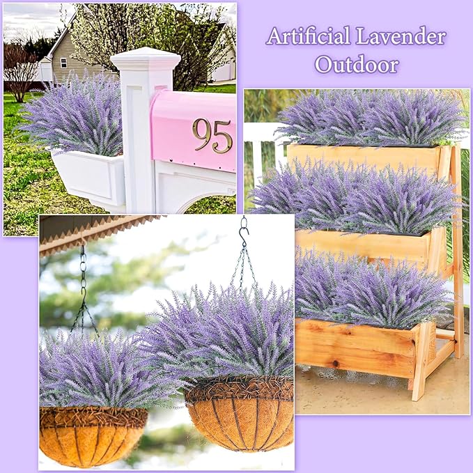 30 Bundles Artificial Lavender Outdoor, 14.5" UV Resistant Faux Plants Outdoor Greenery Stems No Fade Plastic Fake Flowers for Window Garden Office Patio Porch Decor