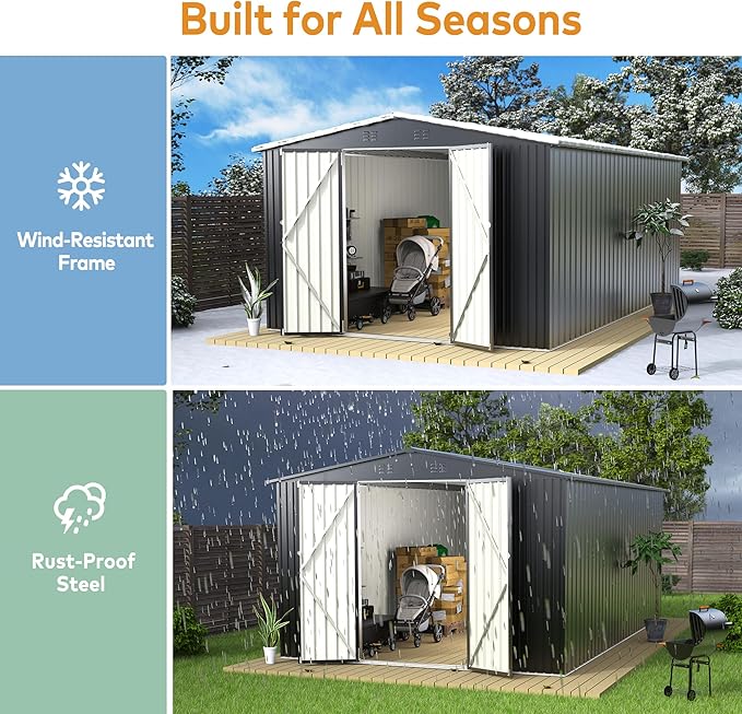 10 x 14 FT Outdoor Storage Shed, Metal Waterproof Storage Shed Steel Utility Garden Tool Shed with Door & Lock Outdoor Storage,All-Weather Shelter for Bike, Gardening Tools, Lawn Mowers