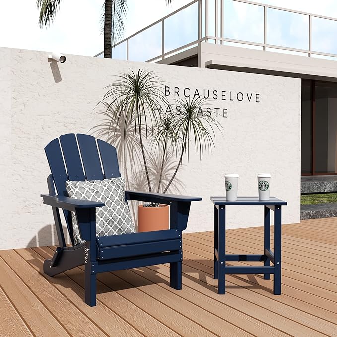 WO Home Furniture Adirondack Chair Table Set of 2 PCS Outdoor Folding Chair w Side Table Weather/UV Resistant for Lawn, Garden, Bon Fire, Balcony (Navy Blue)