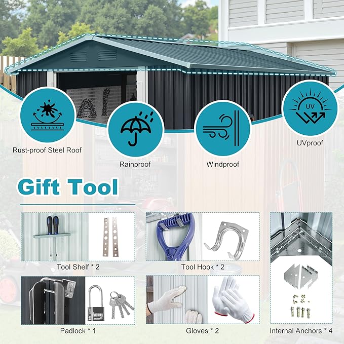 Sheds & Outdoor Storage 8ft x 10ft Metal Storage Shed with Metal Foundation, Gloves, Anchors, Tools Garden Tool Storage Cabinet with Secure Sliding Doors with Padlock for Backyard, Black