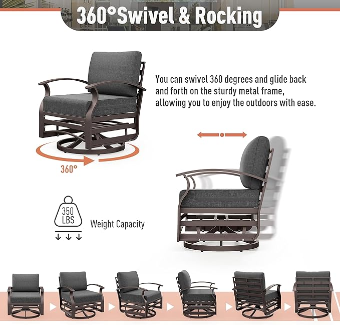 Kurapika Aluminum Patio Furniture Set 7-Seat Modern Metal Outdoor Conversation Sets w/45in Propane Fire Pit Table, Swivel Rocking Chairs Patio Sectional Sofa w/5.1 Inch Cushion, Black