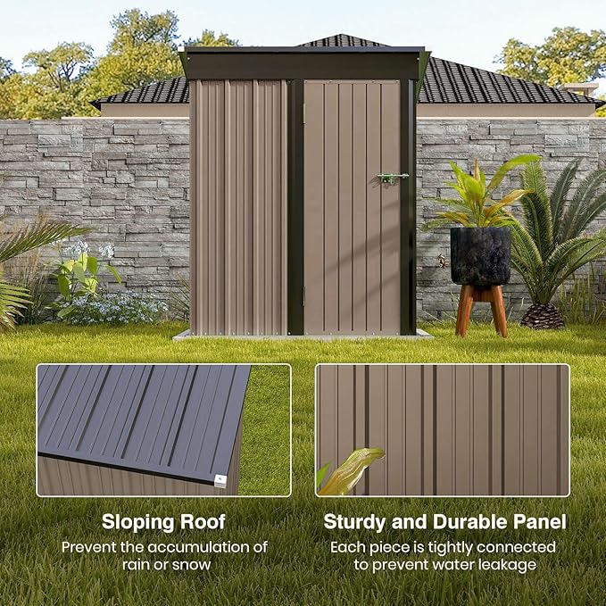 Patiolife 5x3 FT Outdoor Storage Shed, Small Tool Metal Shed with Lockable Door & Sloping Roof, Garden Shed for Backyard Patio Lawn, Brown
